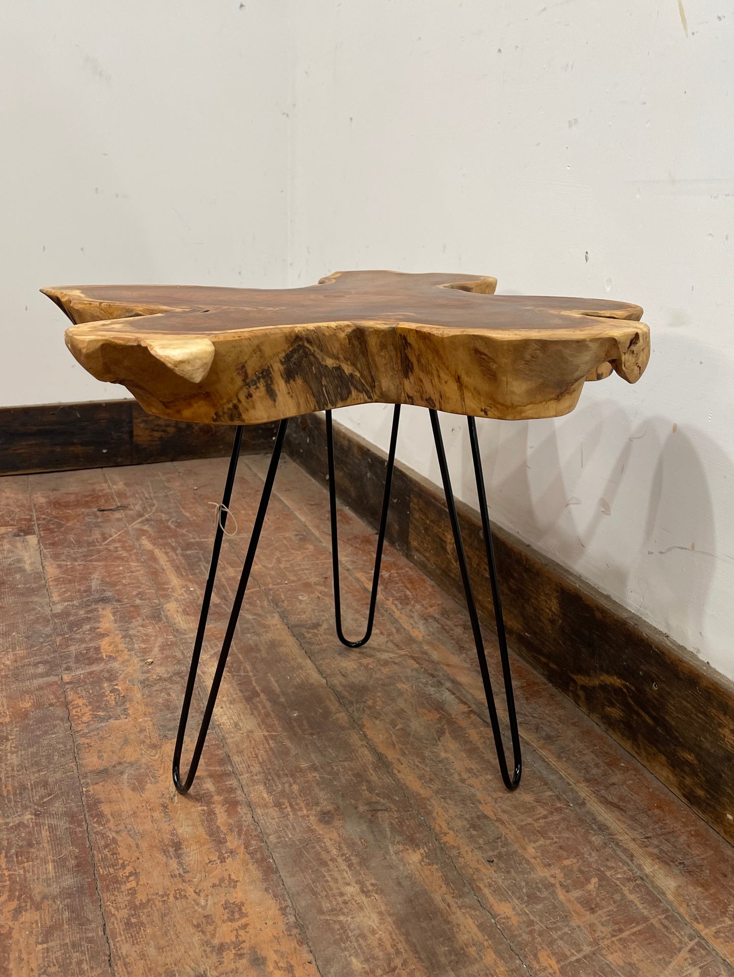 Pair of root wood side / end tables with metal legs