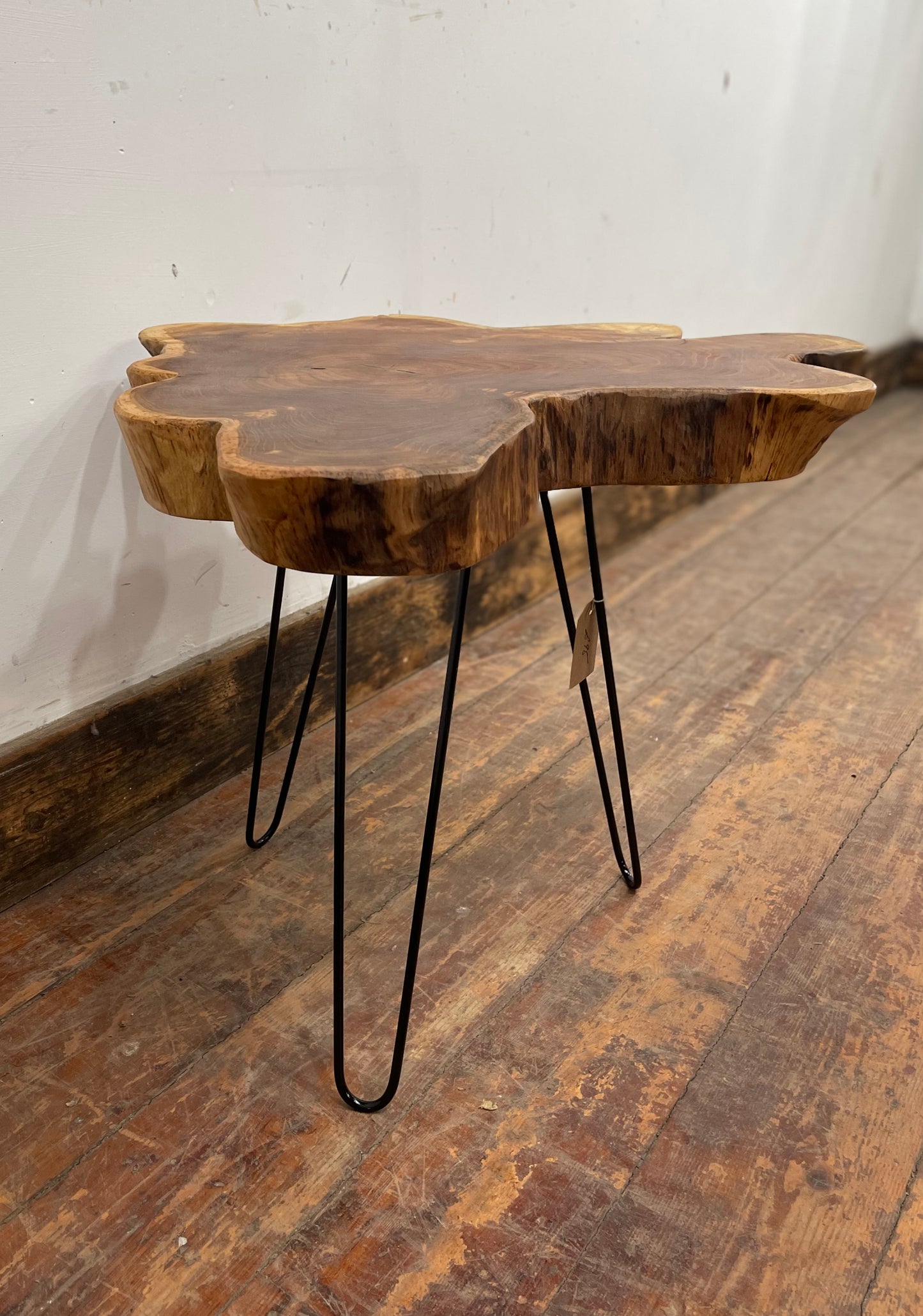 Pair of root wood side / end tables with metal legs