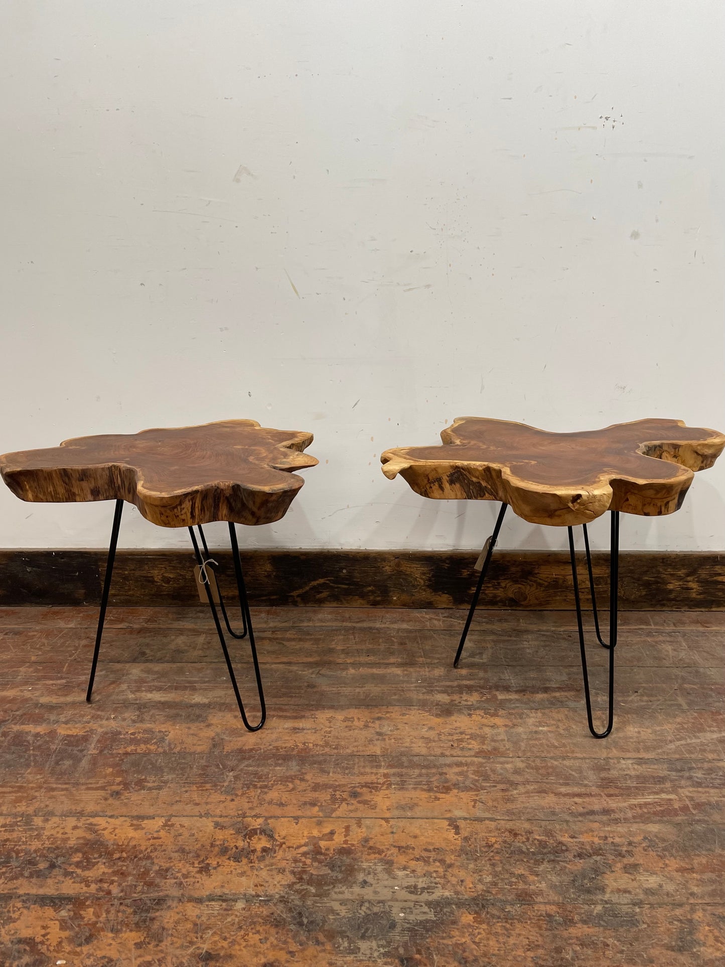 Pair of root wood side / end tables with metal legs