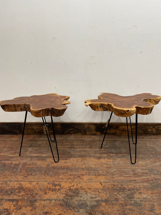 Pair of root wood side / end tables with metal legs