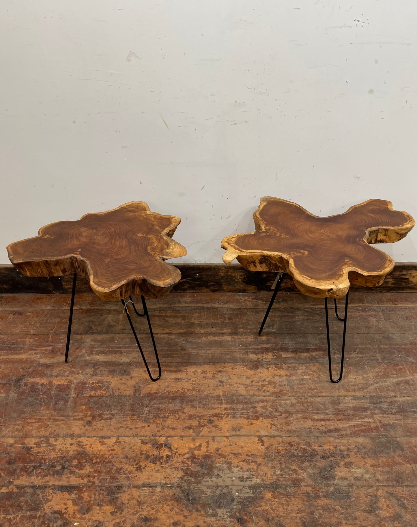 Pair of root wood side / end tables with metal legs