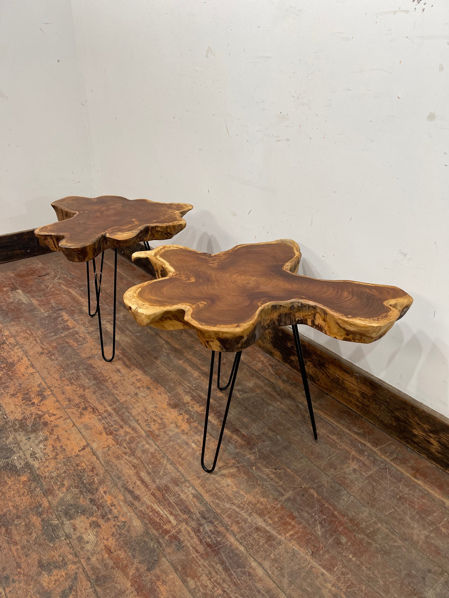 Pair of root wood side / end tables with metal legs