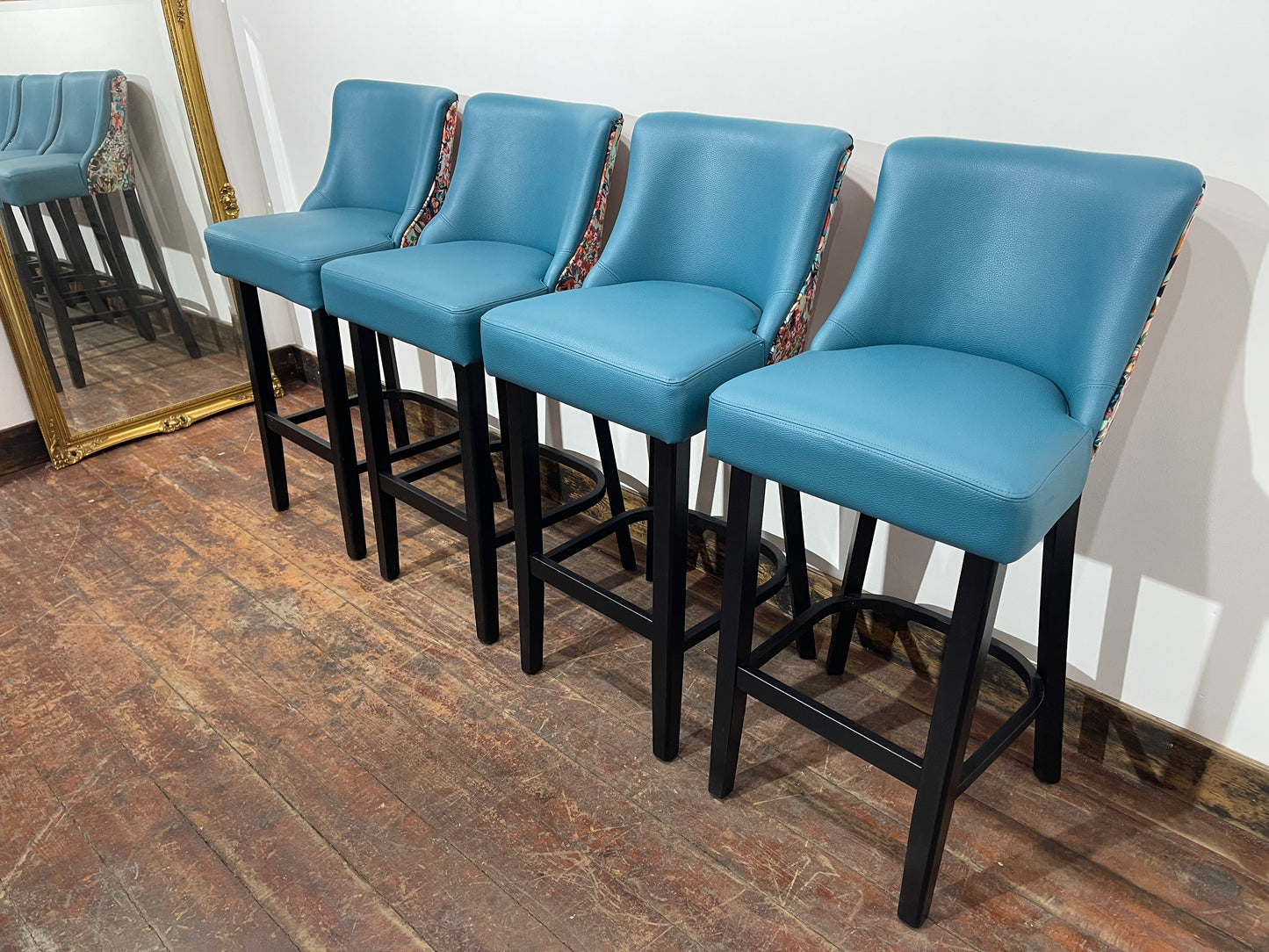 4 x new / ex-display bar stools teal blue seats & fabric backs (48 in total!)
