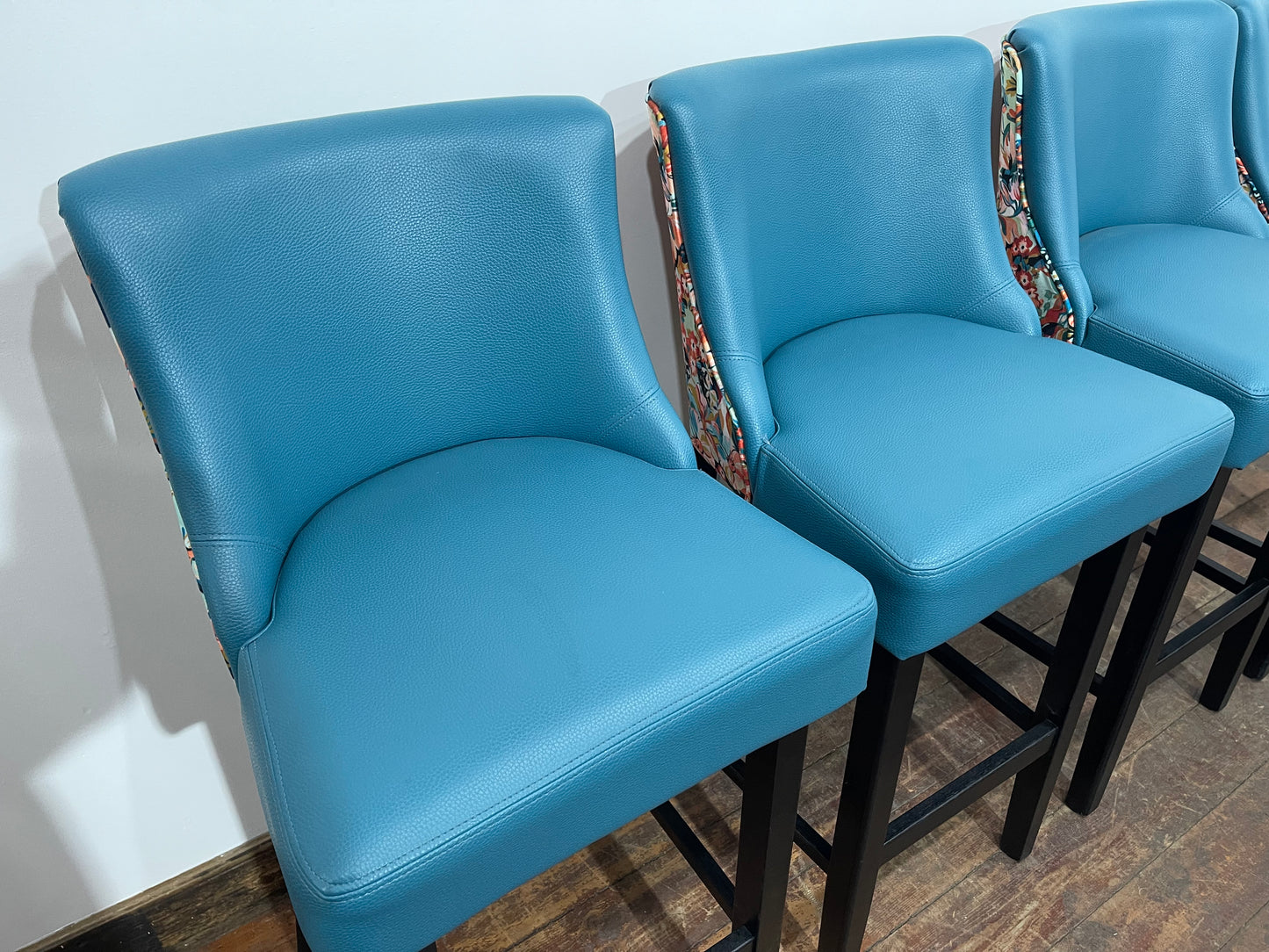 4 x new / ex-display bar stools teal blue seats & fabric backs (48 in total!)