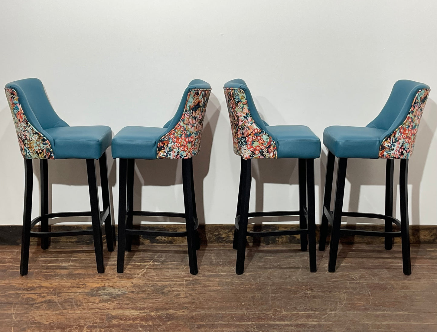 4 x new / ex-display bar stools teal blue seats & fabric backs (48 in total!)