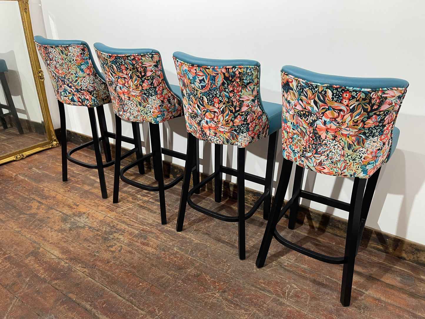 4 x new / ex-display bar stools teal blue seats & fabric backs (48 in total!)