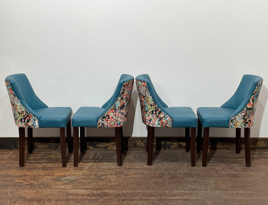 New / ex-display dining chairs teal blue seats & fabric backs (64 in total!)