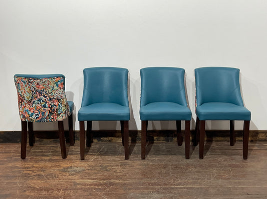 New / ex-display dining chairs teal blue seats & fabric backs (64 in total!)