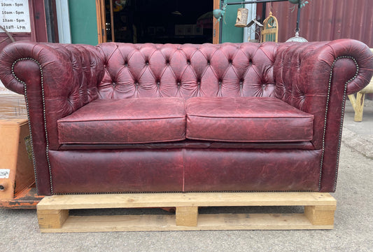 Red leather 2 seater Chesterfield sofa