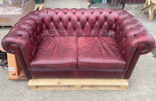Red leather 2 seater Chesterfield sofa