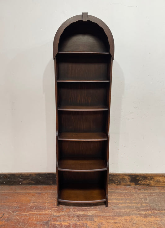 Narrow dark wood 1970s bookcase with dome top