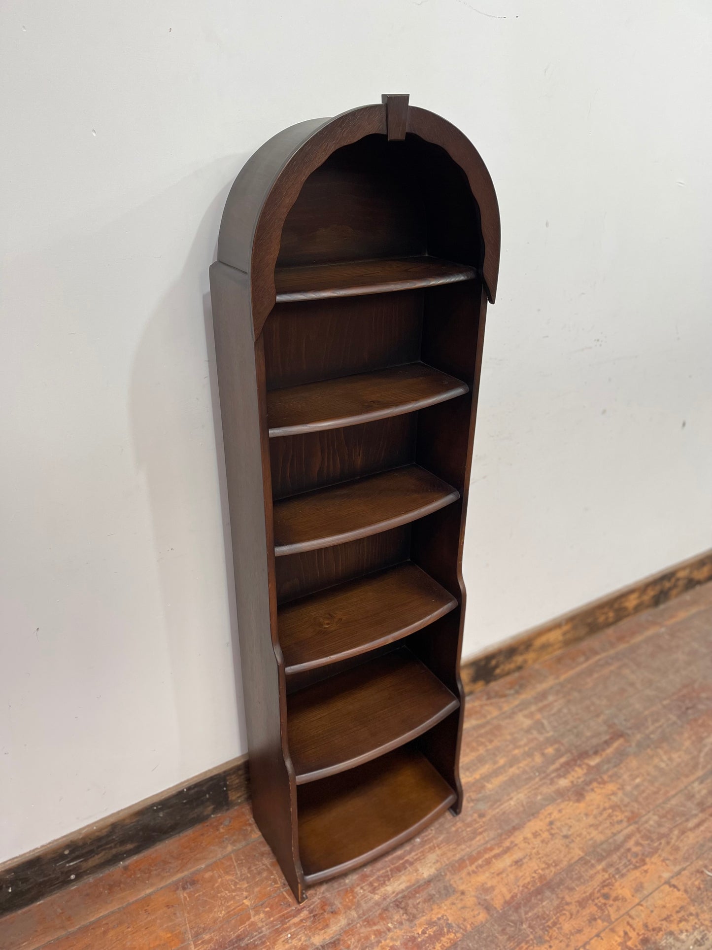 Narrow dark wood 1970s bookcase with dome top