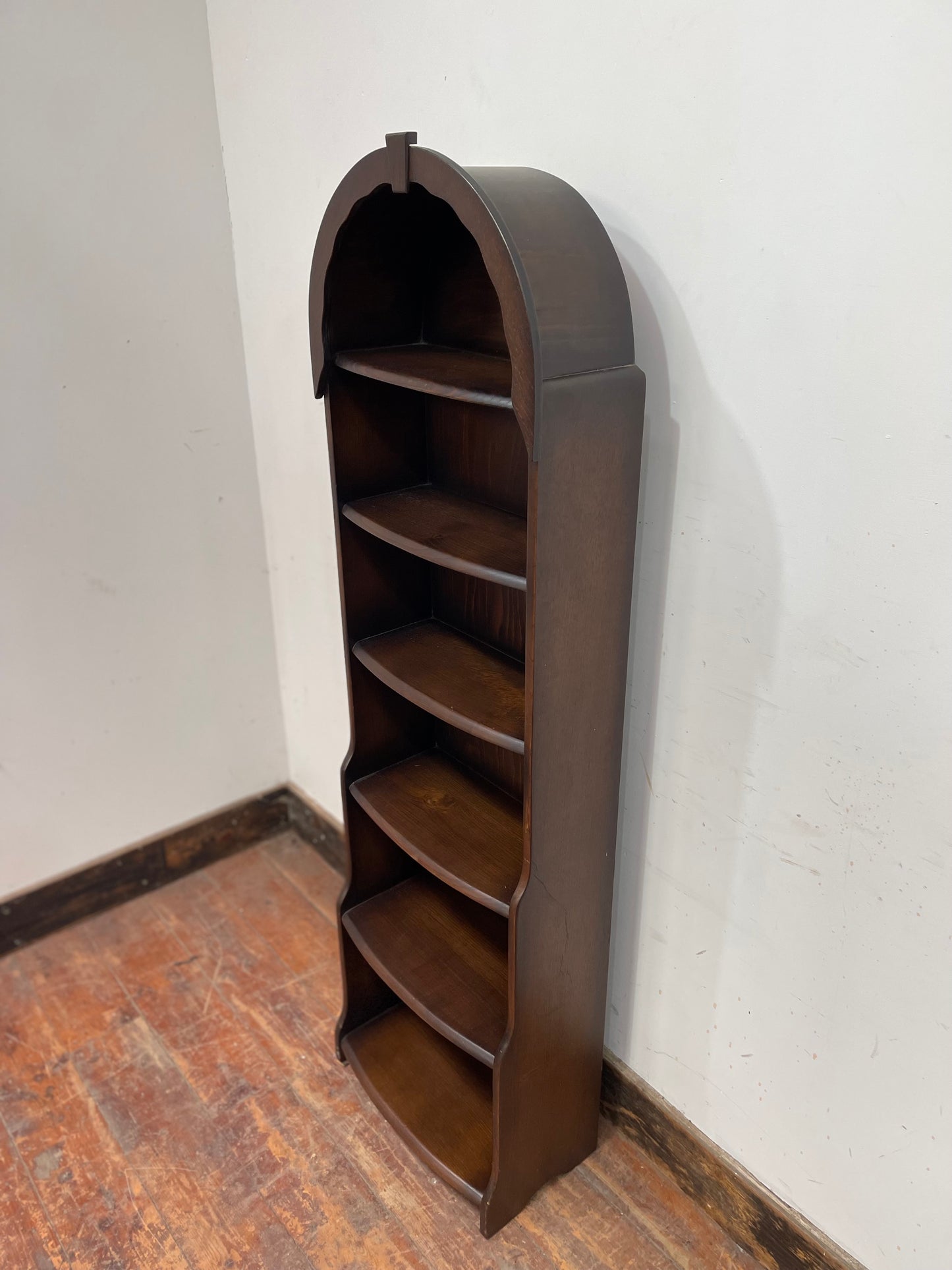 Narrow dark wood 1970s bookcase with dome top