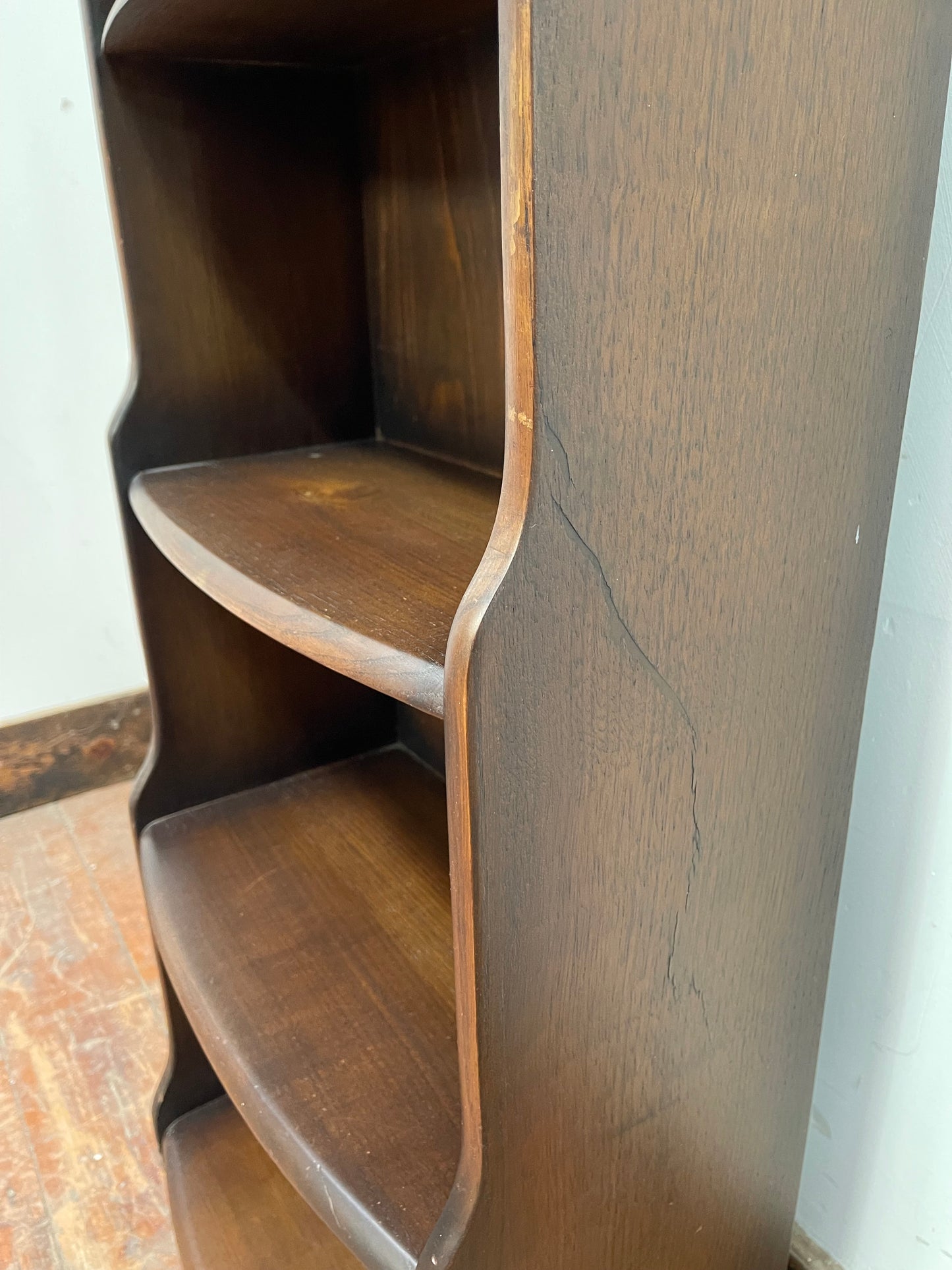 Narrow dark wood 1970s bookcase with dome top