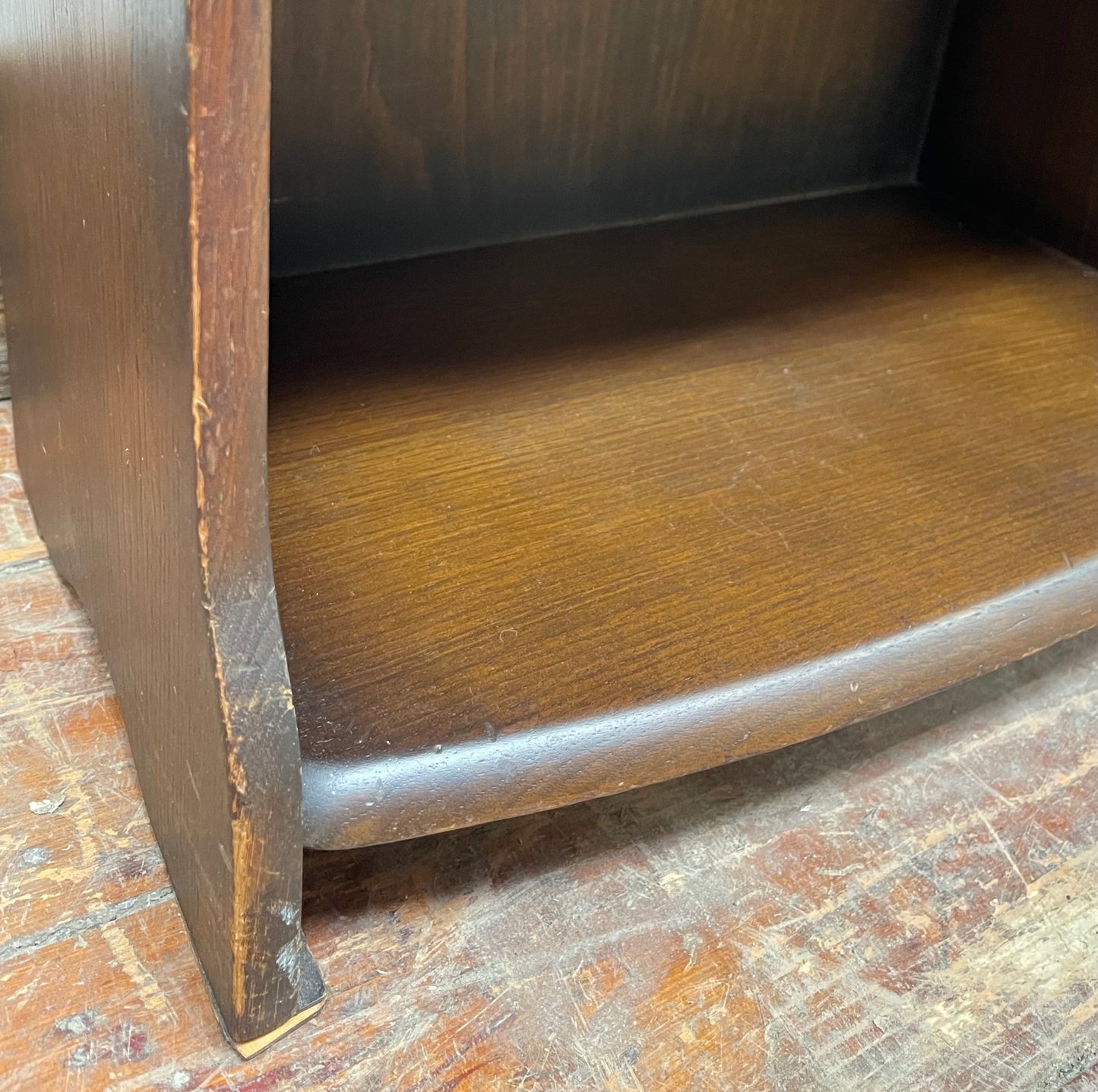 Narrow dark wood 1970s bookcase with dome top