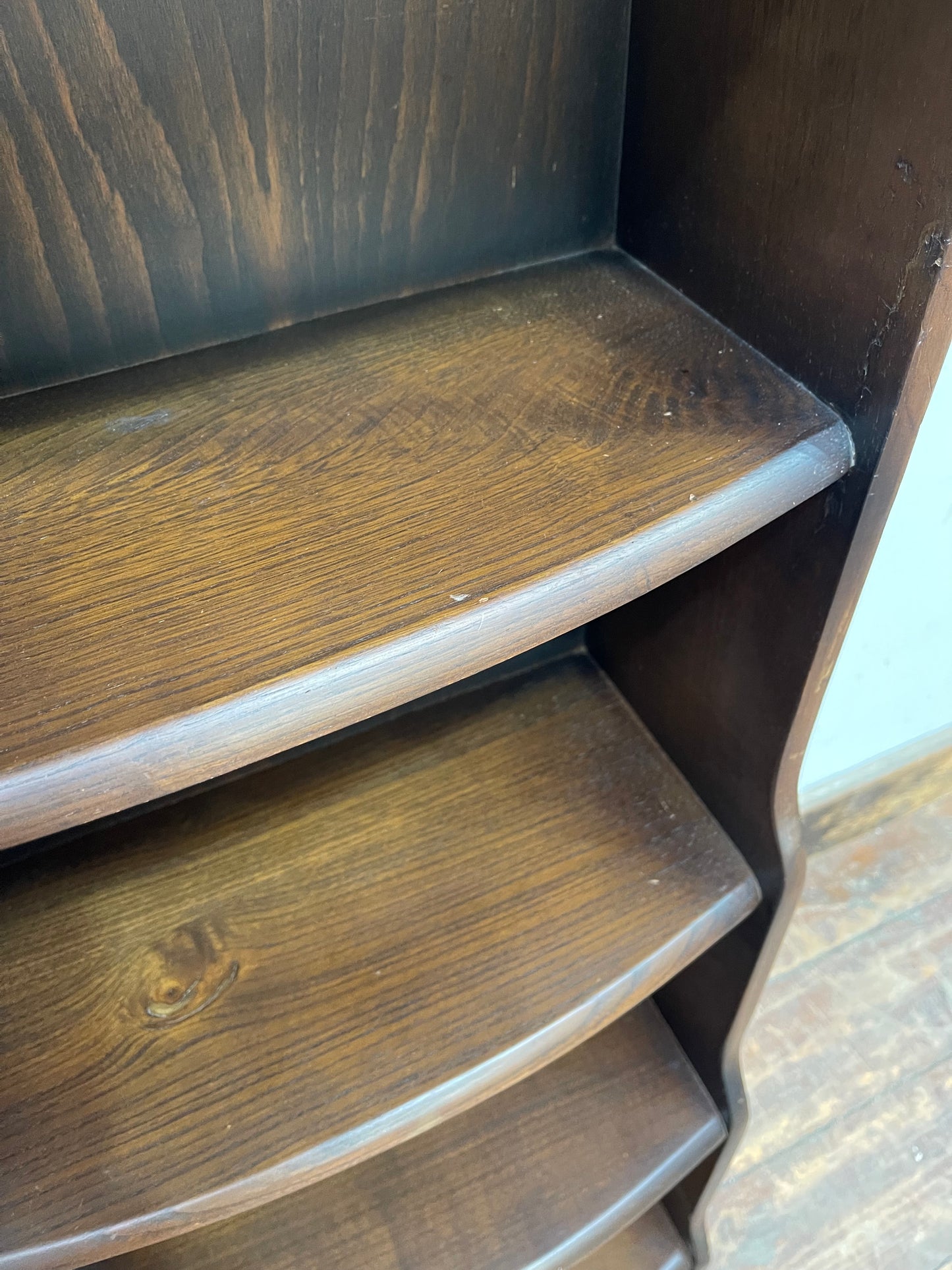 Narrow dark wood 1970s bookcase with dome top