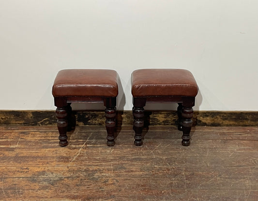 Pair of low pub stools in tan coloured faux-leather