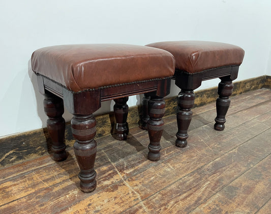 Pair of low pub stools in tan coloured faux-leather