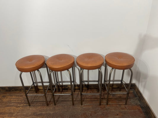 Set of 4 Industrial Bar Stools / Tan Faux Leather Seats / Chrome Frame