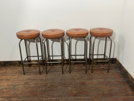 Set of 4 Industrial Bar Stools / Tan Faux Leather Seats / Chrome Frame