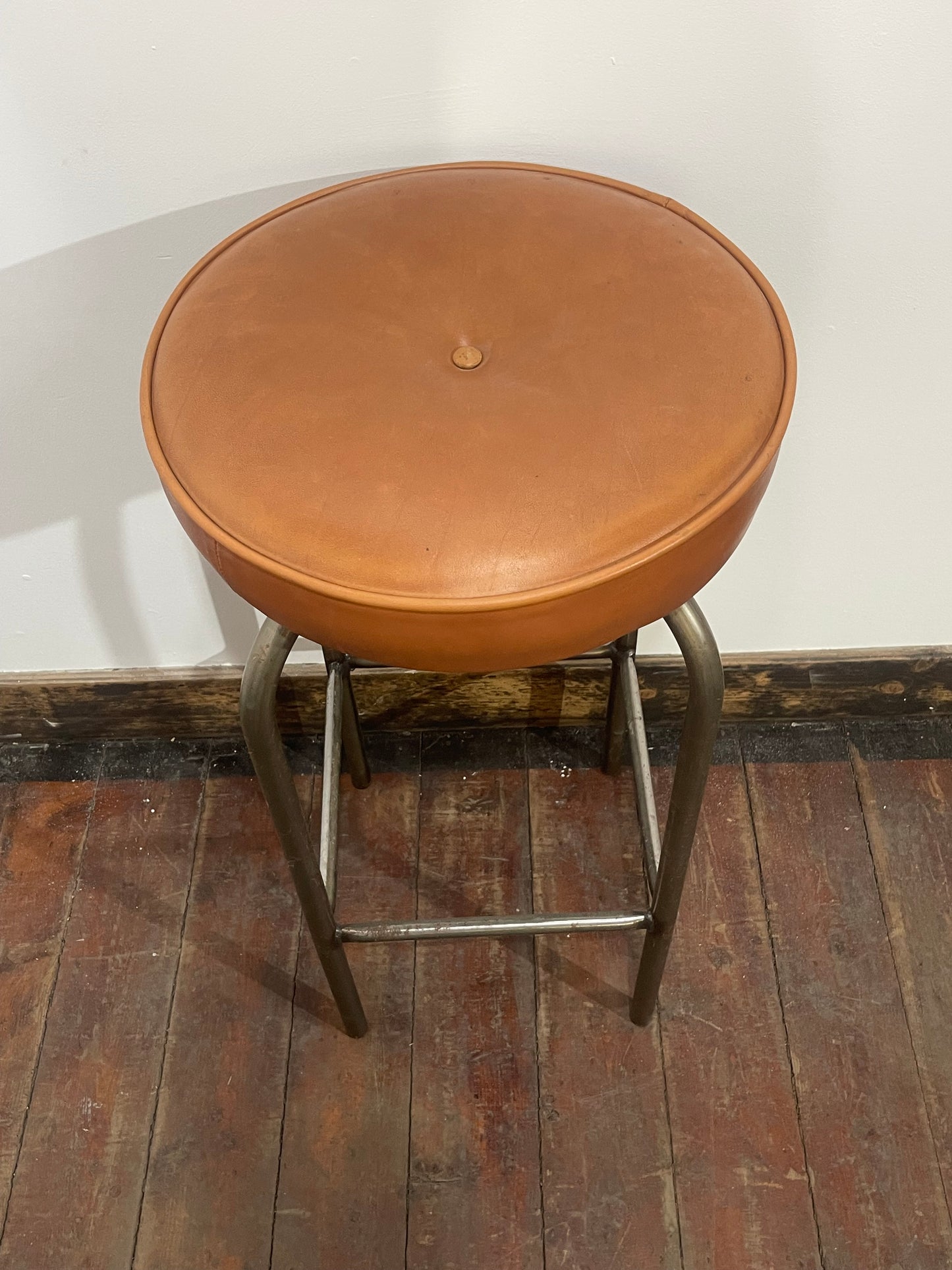 Set of 4 Industrial Bar Stools / Tan Faux Leather Seats / Chrome Frame