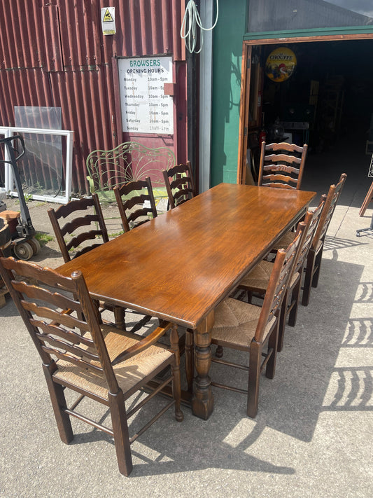 Large Antique Oak Farmhouse Refectory Dining Table & 8 Ladder-Back Rush Seat Chairs — Stunning Set