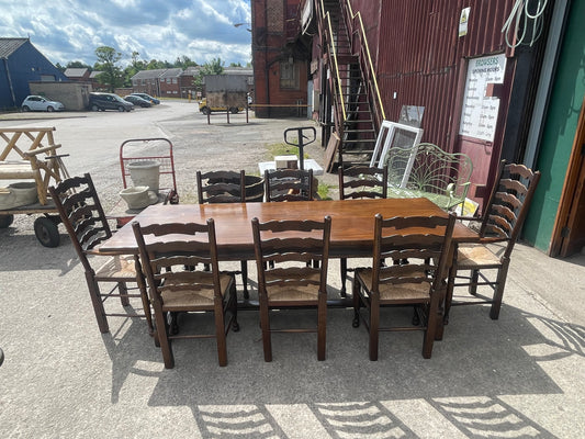 Large Antique Oak Farmhouse Refectory Dining Table & 8 Ladder-Back Rush Seat Chairs — Stunning Set