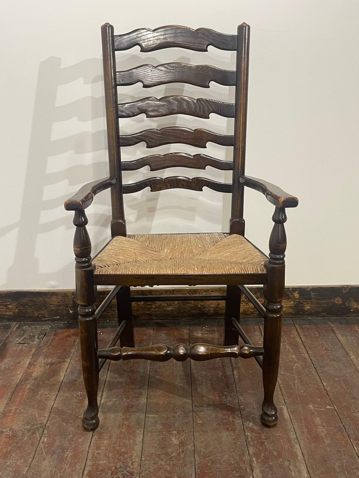 Large Antique Oak Farmhouse Refectory Dining Table & 8 Ladder-Back Rush Seat Chairs — Stunning Set
