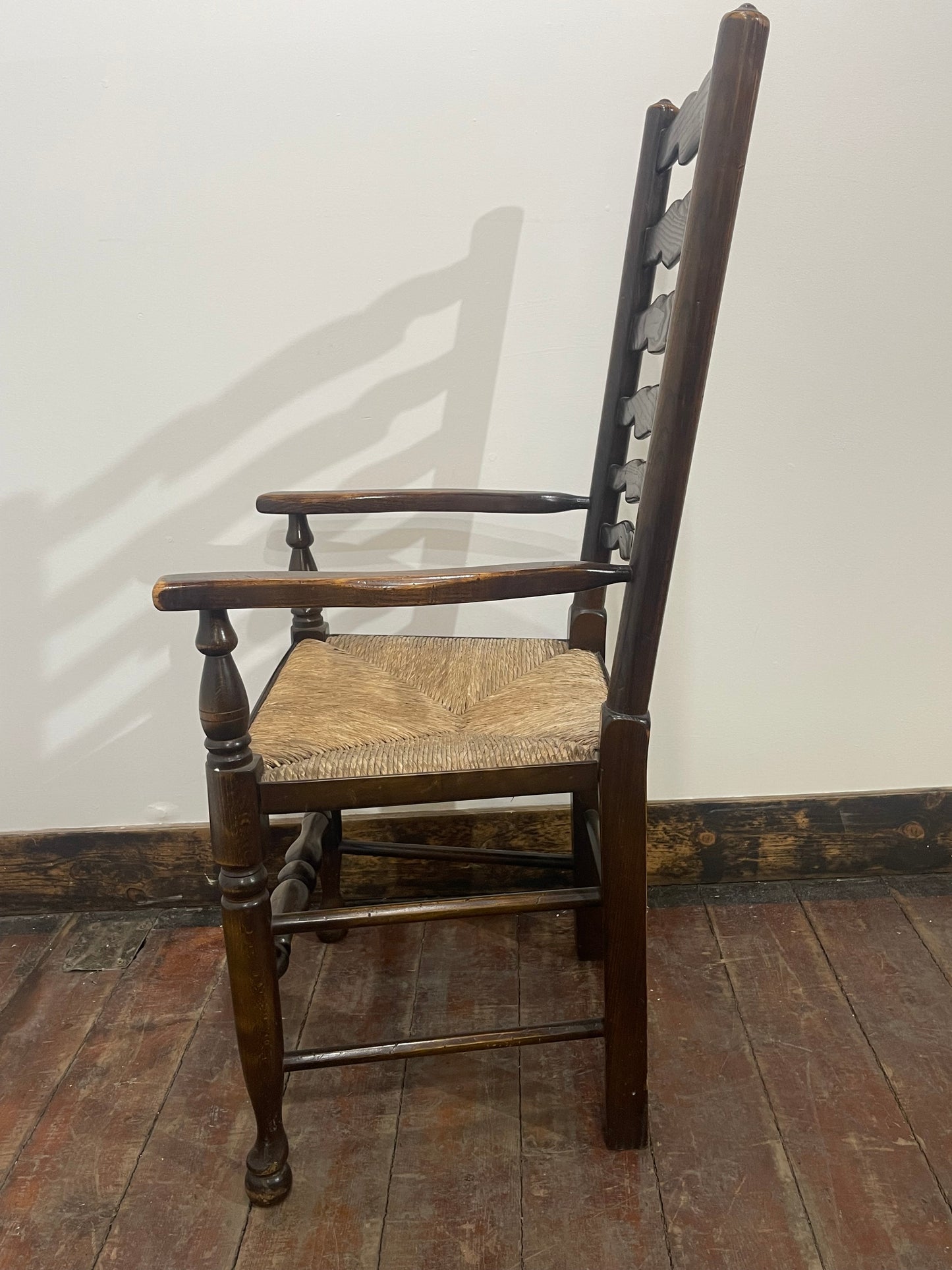 Large Antique Oak Farmhouse Refectory Dining Table & 8 Ladder-Back Rush Seat Chairs — Stunning Set
