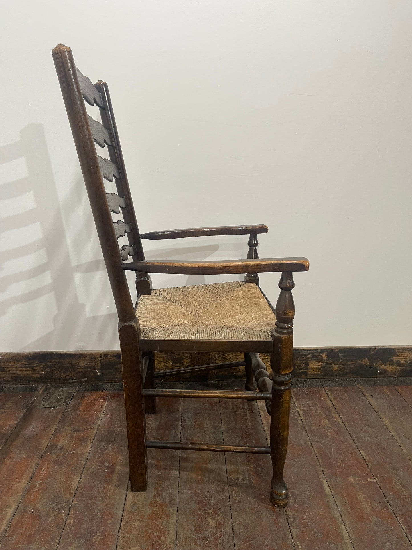 Large Antique Oak Farmhouse Refectory Dining Table & 8 Ladder-Back Rush Seat Chairs — Stunning Set