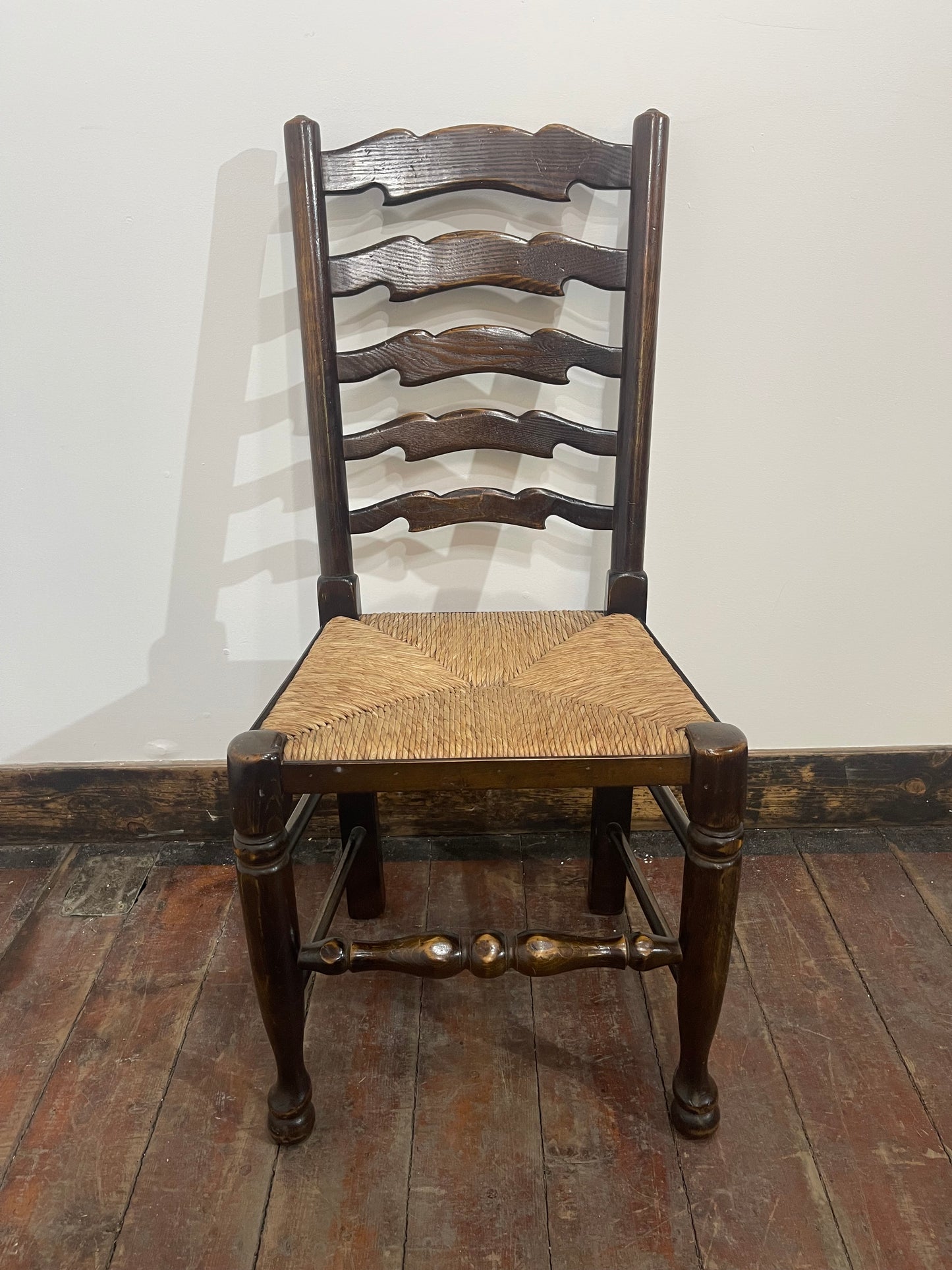 Large Antique Oak Farmhouse Refectory Dining Table & 8 Ladder-Back Rush Seat Chairs — Stunning Set