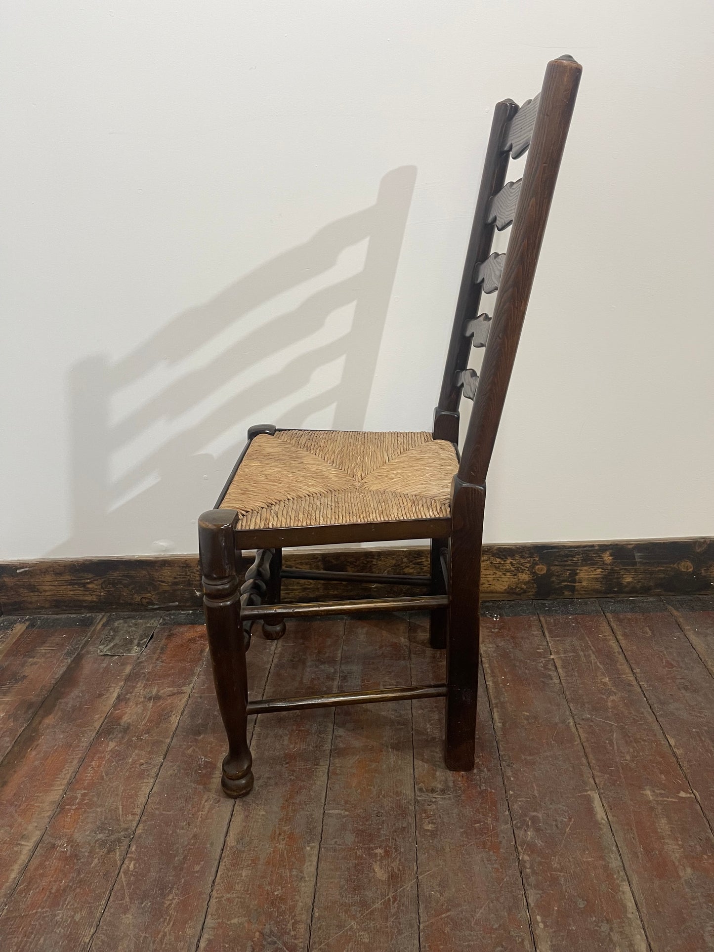 Large Antique Oak Farmhouse Refectory Dining Table & 8 Ladder-Back Rush Seat Chairs — Stunning Set