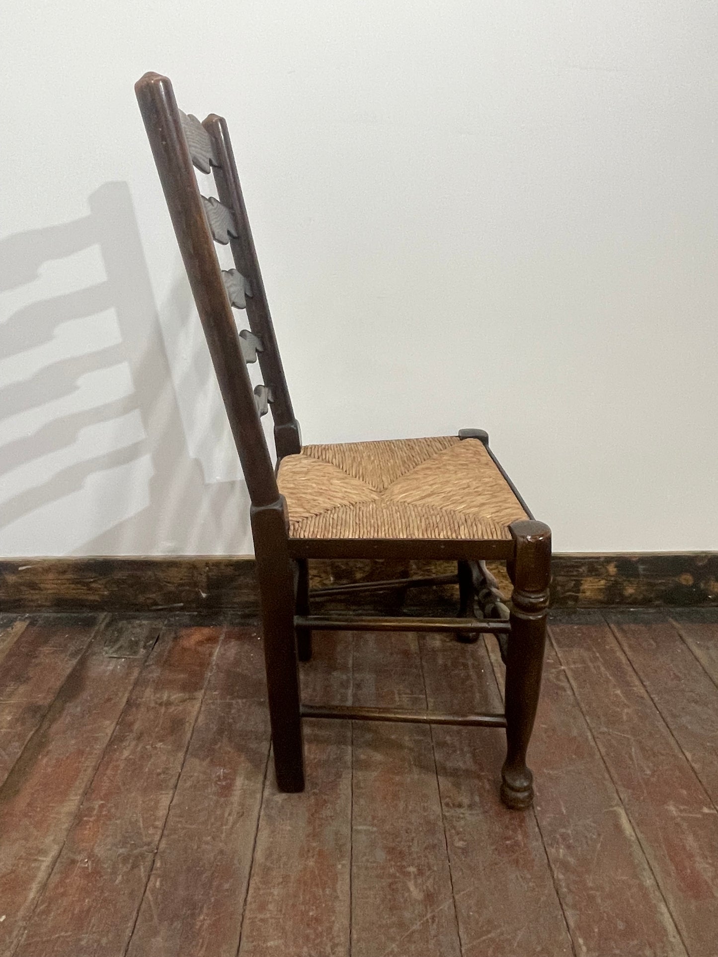 Large Antique Oak Farmhouse Refectory Dining Table & 8 Ladder-Back Rush Seat Chairs — Stunning Set