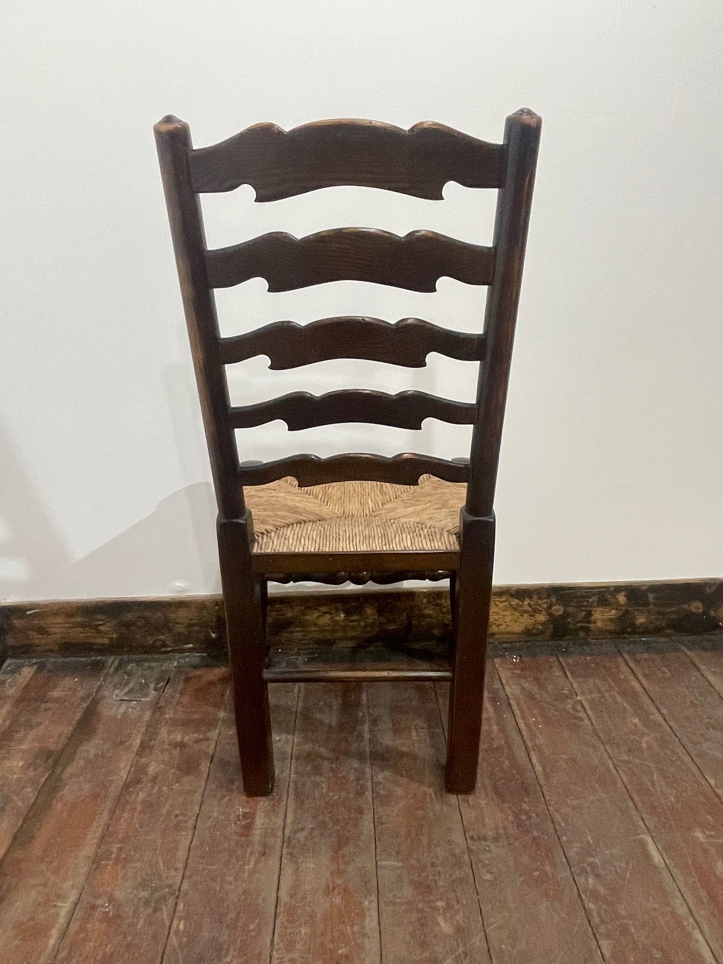 Large Antique Oak Farmhouse Refectory Dining Table & 8 Ladder-Back Rush Seat Chairs — Stunning Set