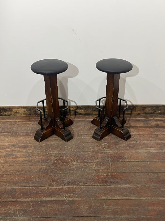 Pair of Industrial Dark Wood Tall Bar Stools