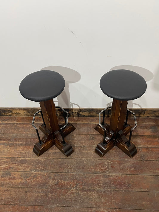 Pair of Industrial Dark Wood Tall Bar Stools