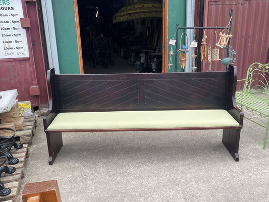 Dark Mahogany Wood Upholstered Church Pew Bench / with Pale Green Faux Leather Seat