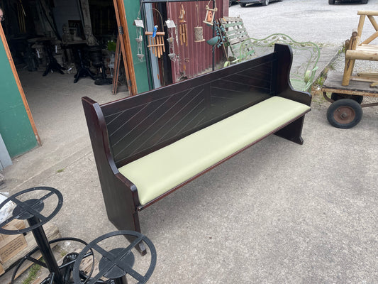 Dark Mahogany Wood Upholstered Church Pew Bench / with Pale Green Faux Leather Seat