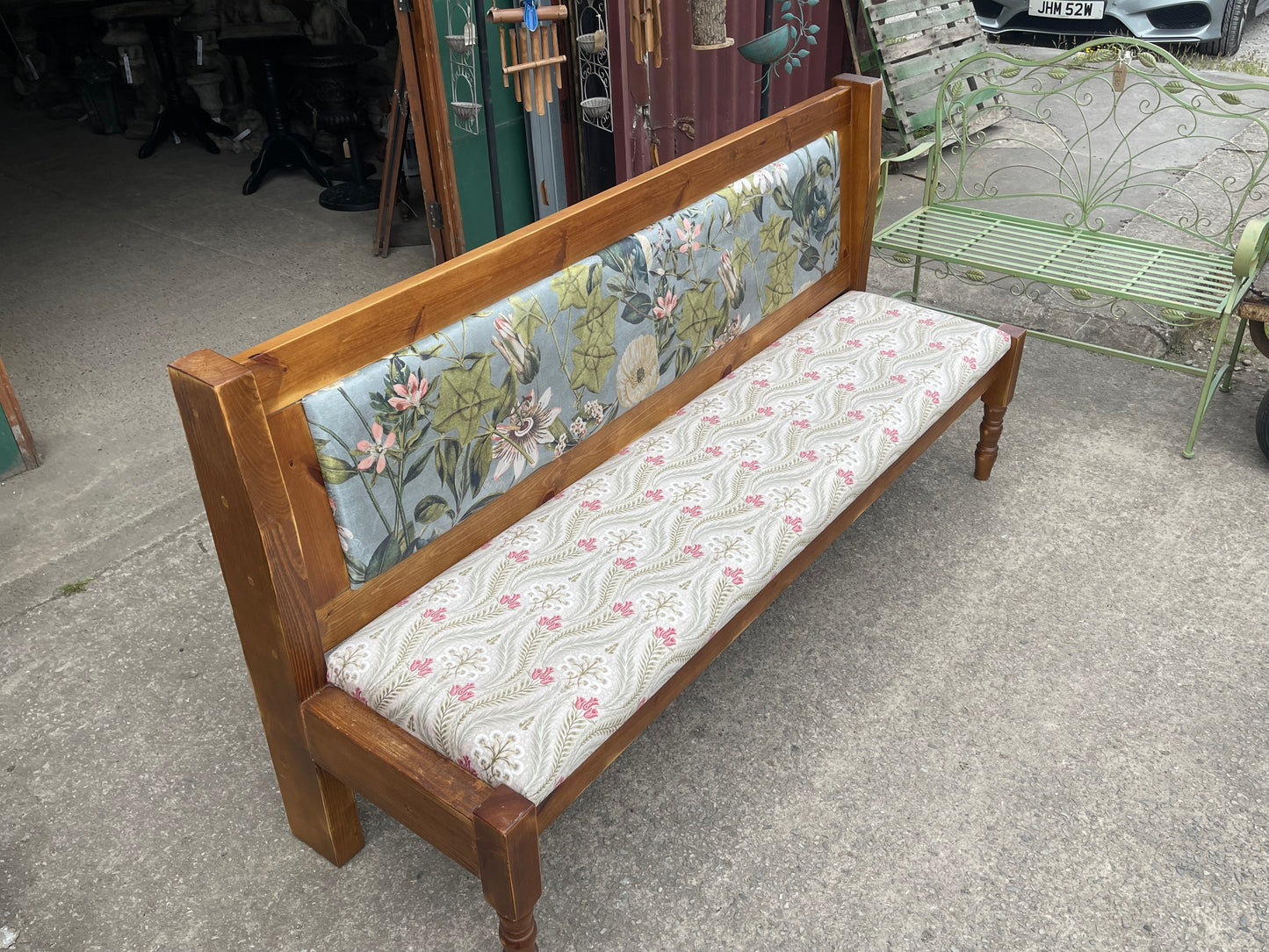 Solid Pine Floral Upholstered Hall Bench / Settle Seat / Country Style