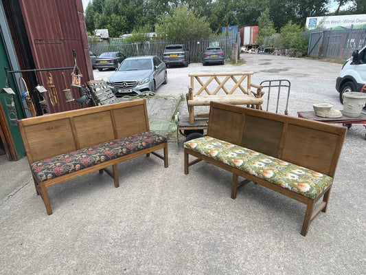 Pair of Oak Botanical Pattern Upholstered Bench Seats / William Morris Style