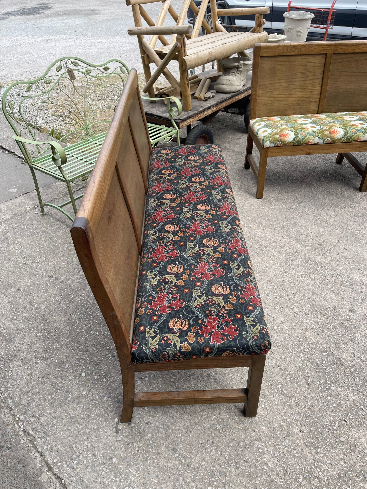Pair of Oak Botanical Pattern Upholstered Bench Seats / William Morris Style