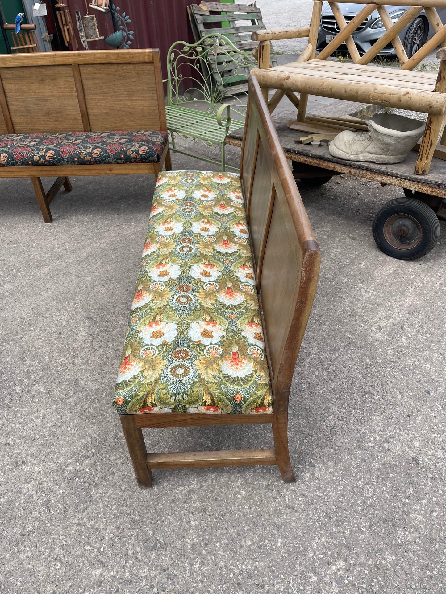Pair of Oak Botanical Pattern Upholstered Bench Seats / William Morris Style