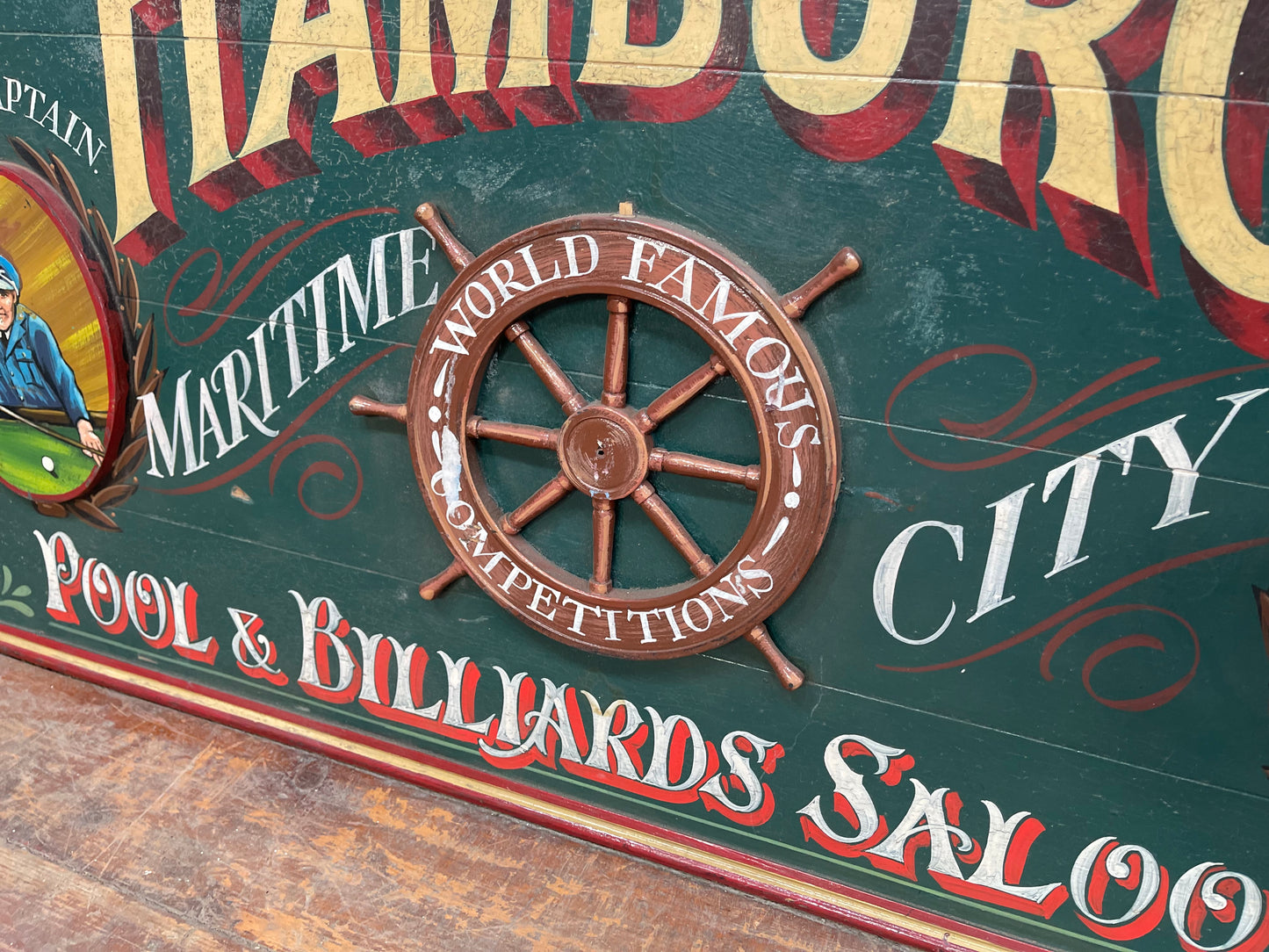 Vintage hand painted Hamburg ship's wheel / helm pub sign