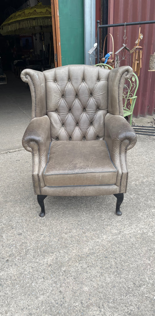 Vintage Wingback Chesterfield Armchair / Taupe Vintage Patina Leather Effect /