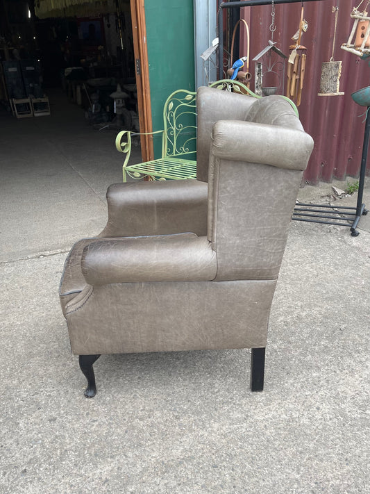 Vintage Wingback Chesterfield Armchair / Taupe Vintage Patina Leather Effect /