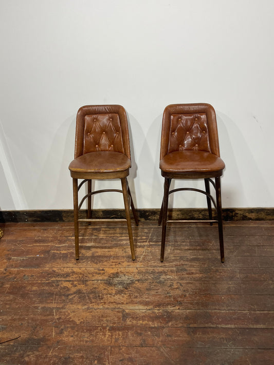 Pair of Mid-Century Style Brown Studded Leather Bar Stools / Geometric Patterned Backs