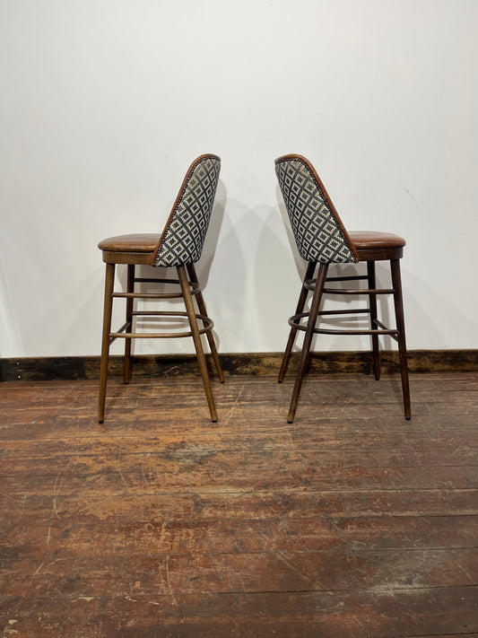 Pair of Mid-Century Style Brown Studded Leather Bar Stools / Geometric Patterned Backs