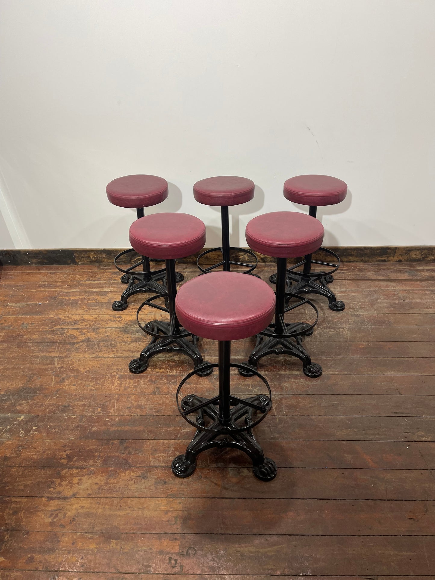 Set of 6 Industrial Cast Iron Bar Stools / Burgundy Padded Seats