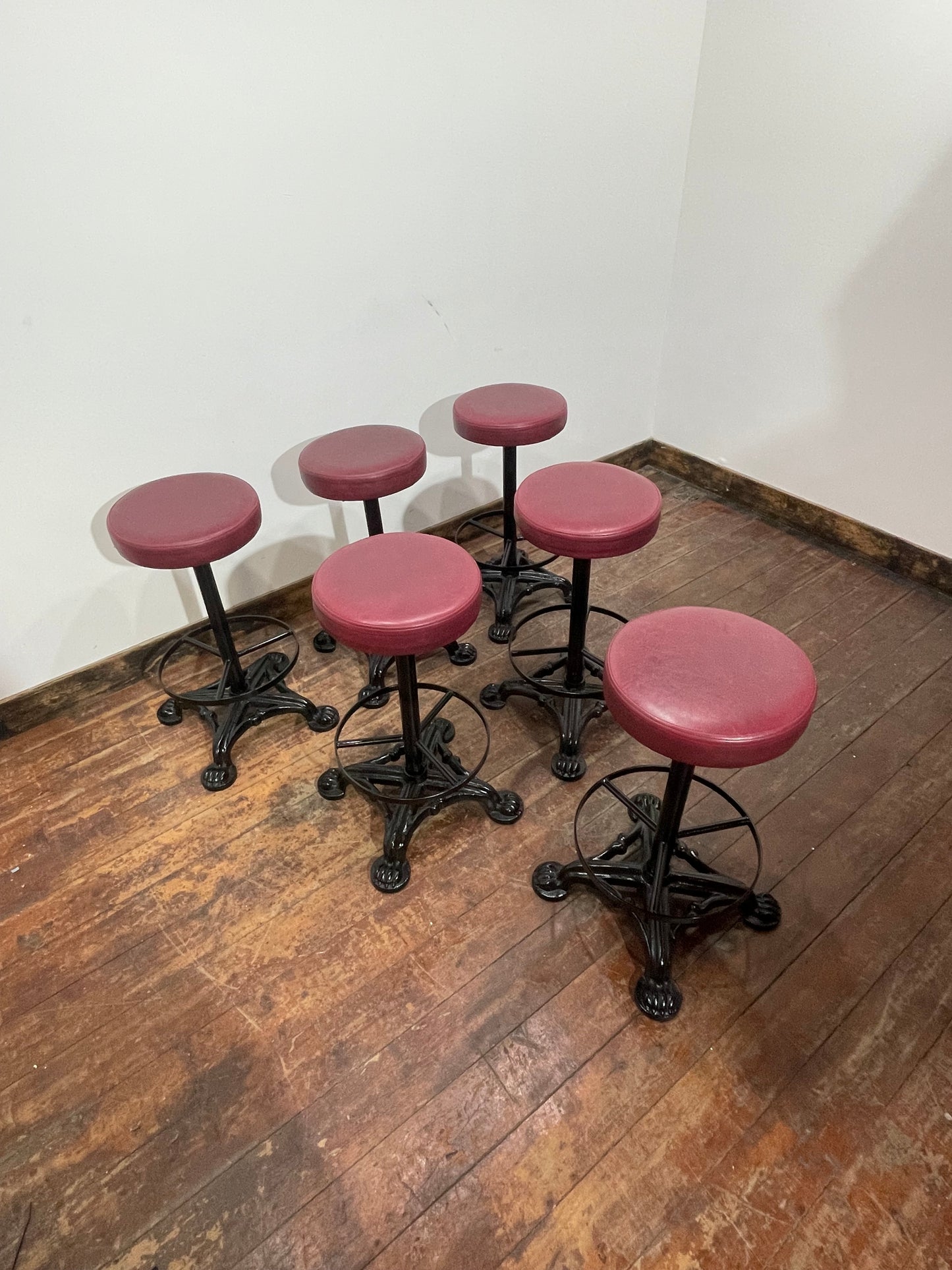 Set of 6 Industrial Cast Iron Bar Stools / Burgundy Padded Seats
