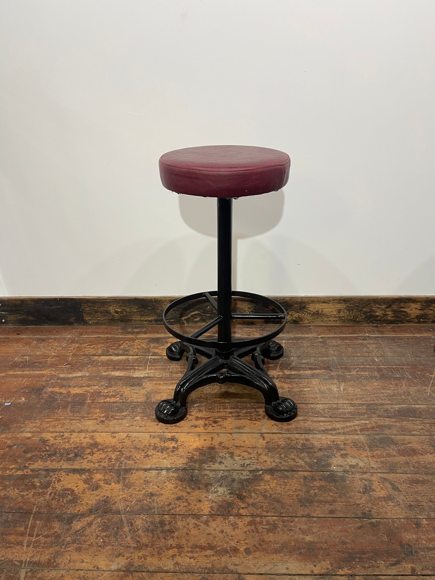 Set of 6 Industrial Cast Iron Bar Stools / Burgundy Padded Seats